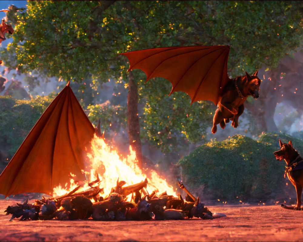 Animated scene of dog with bat wings jumping over campfire beside tent, another dog watching.