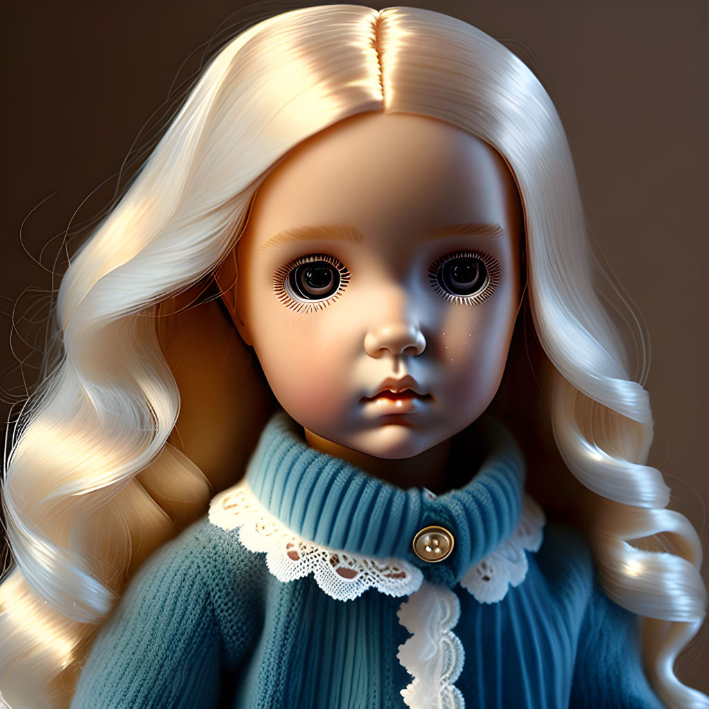 Detailed digital illustration of doll with blonde curls and blue sweater.
