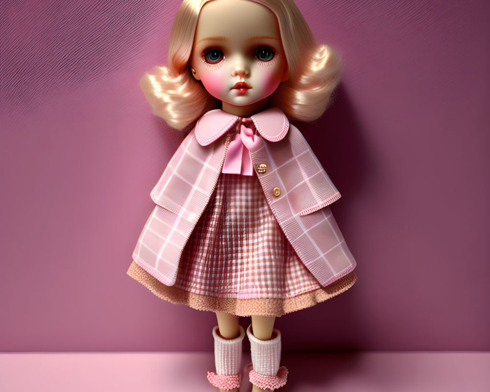Blonde Hair Doll in Checkered Pink Outfit on Pink Background