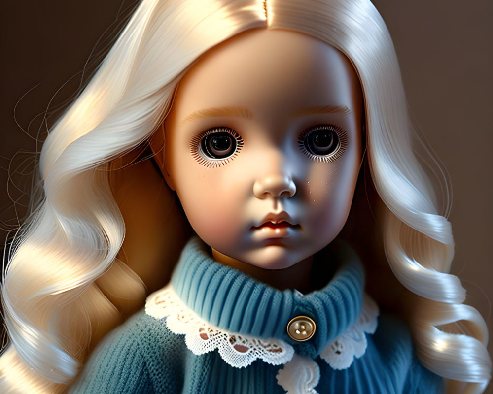 Detailed digital illustration of doll with blonde curls and blue sweater.