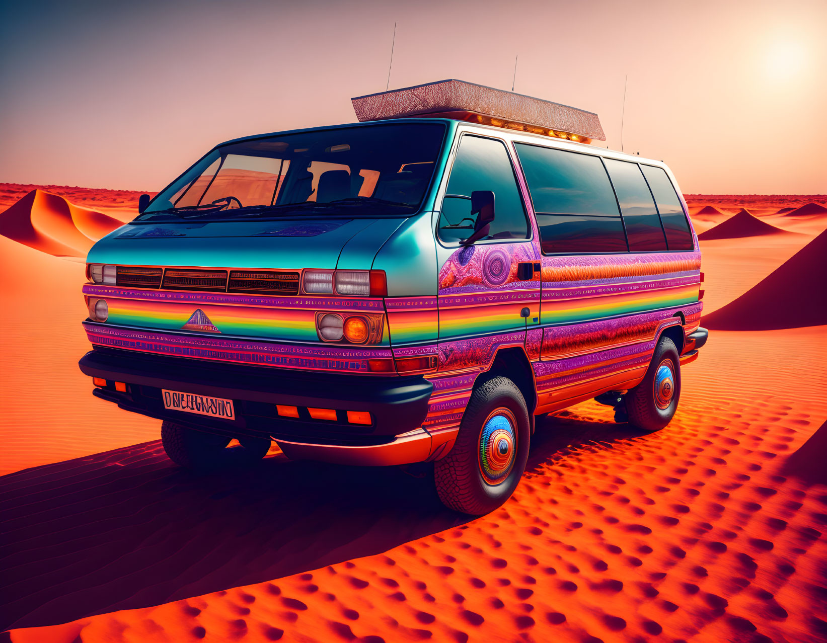 Colorful Psychedelic Design Van Parked on Desert Dune