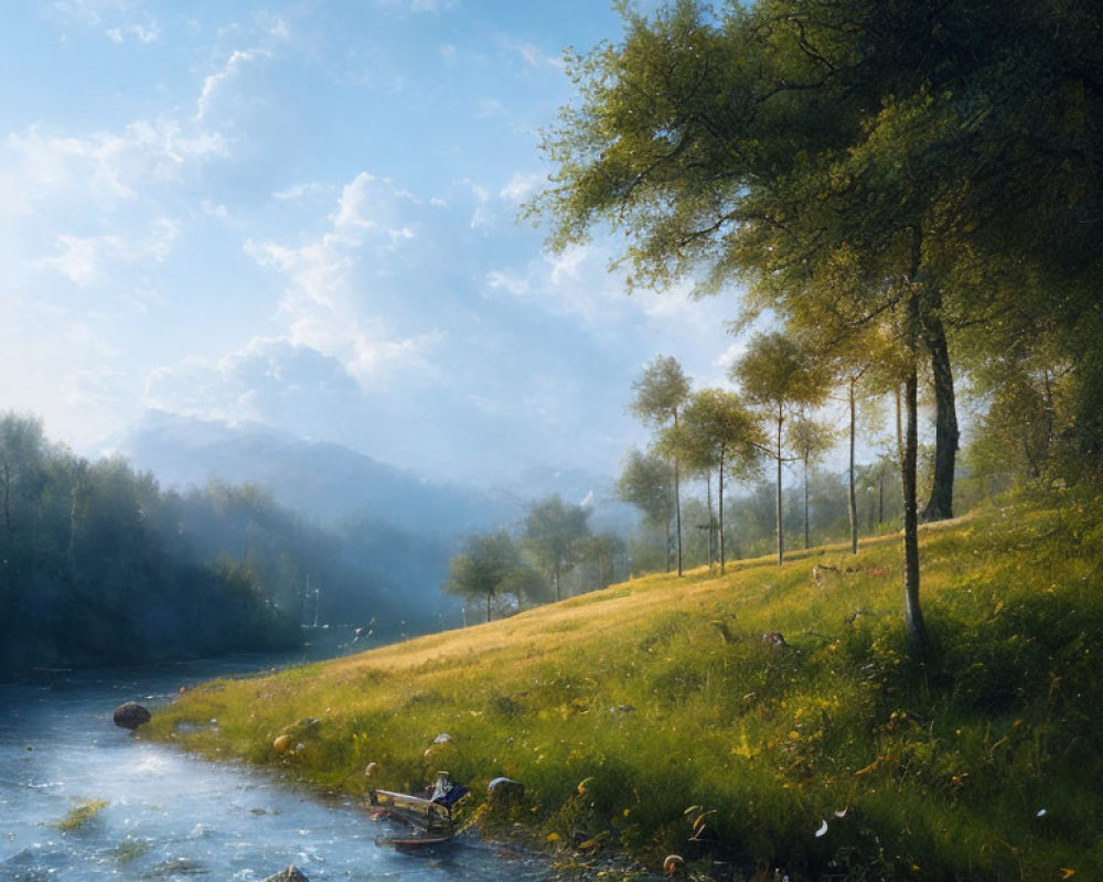 Tranquil riverside landscape with green trees, boat, misty mountains, and blue sky