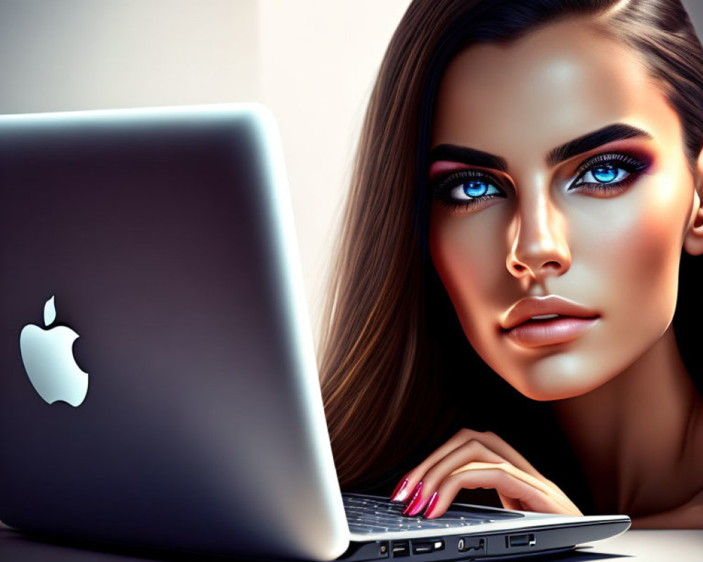 Digital illustration: Woman with striking makeup and laptop showing apple logo