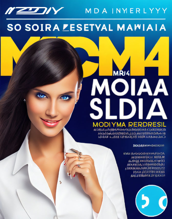 Magazine Cover: Woman with Blue Eyes & Brunette Hair in White, Foreign Script & Social Media