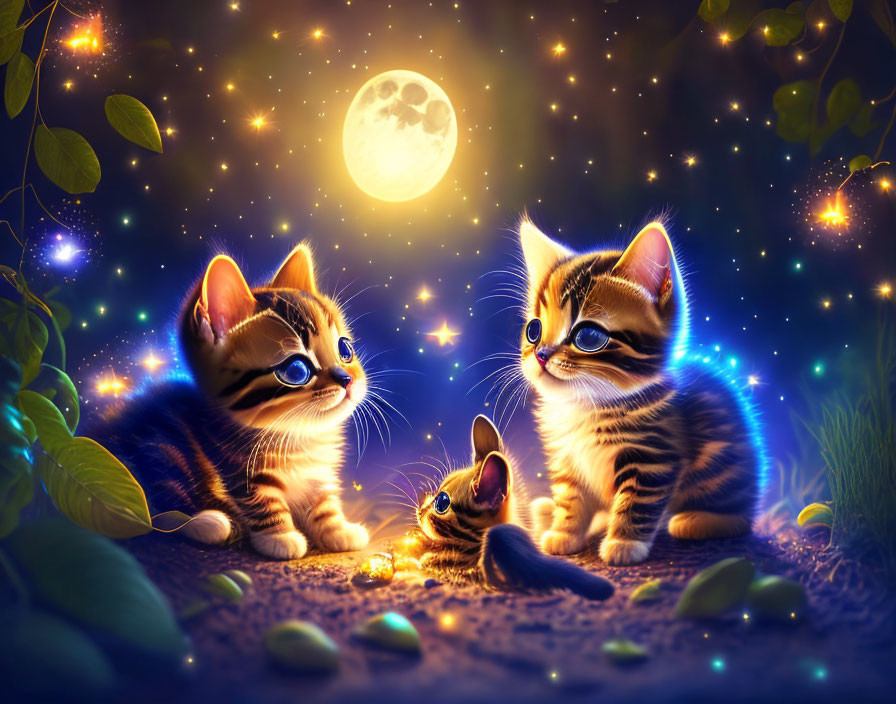 Two kittens and a mouse under a full moon night sky with glowing lights and green foliage.