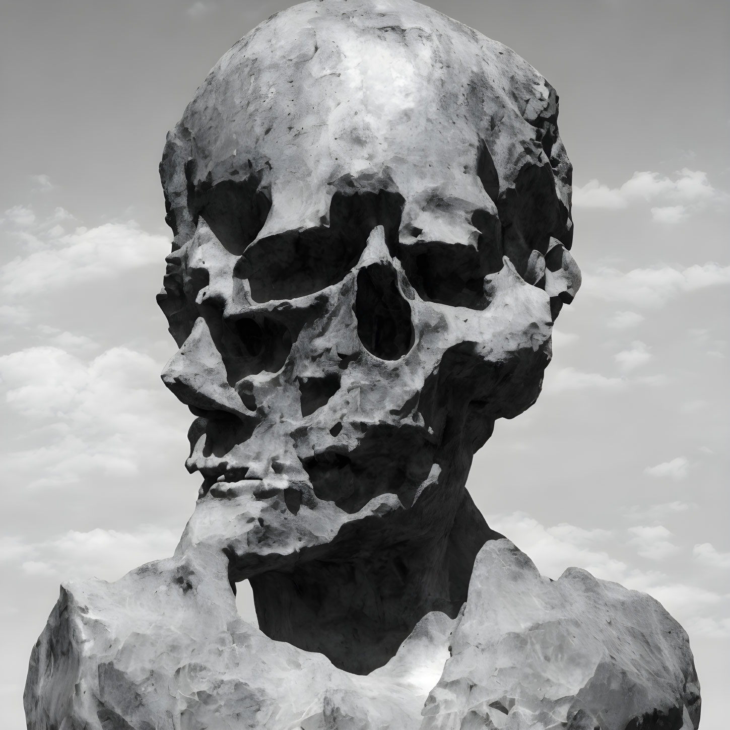 Large Textured Human Skull Sculpture Against Cloudy Sky