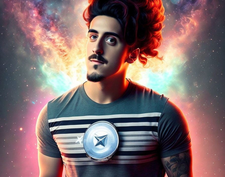 Digitally Enhanced Photo of Man with Stylized Hair and Beard in Superhero Shirt against Cosmic Back