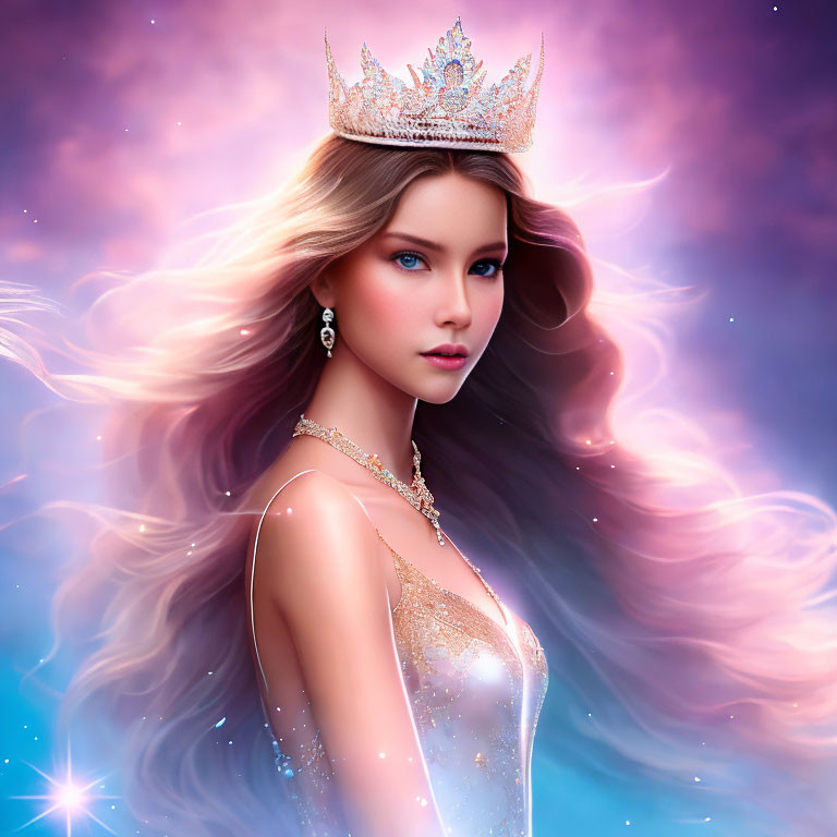 Ethereal digital artwork of woman with flowing hair and crown against cosmic backdrop
