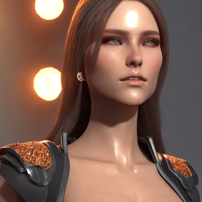 Brown-haired woman in futuristic armor, 3D portrait under warm light