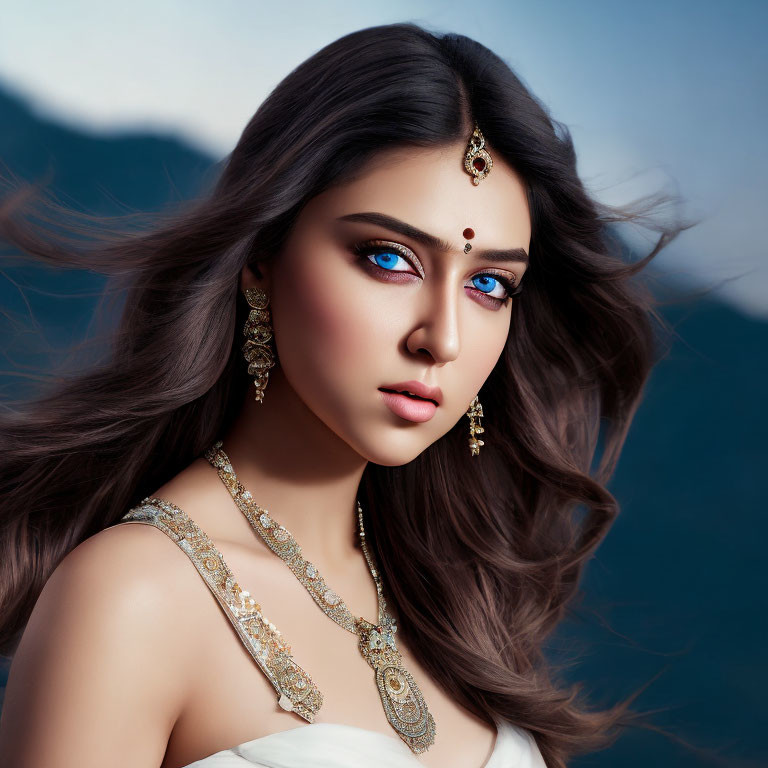 Traditional Indian jewelry adorns woman with striking blue eyes