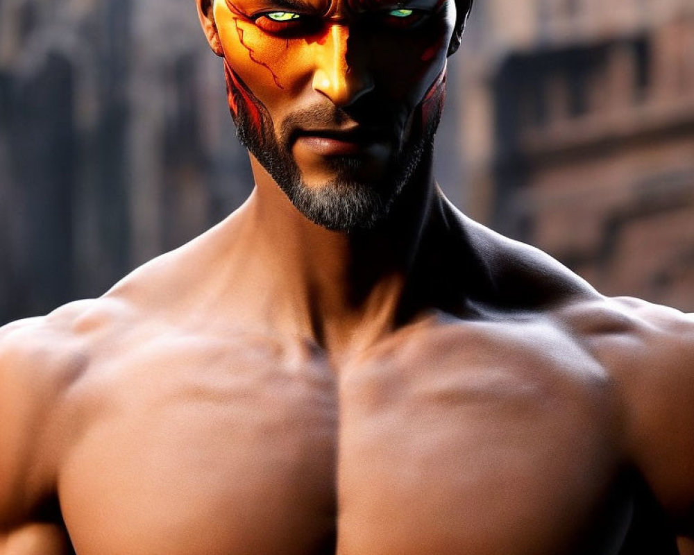 Shirtless male figure with fiery face paint and intense eyes