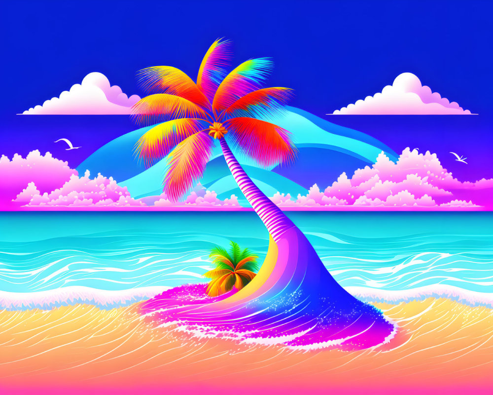 Colorful surreal beach scene with palm tree, mirrored island, and flying seagulls