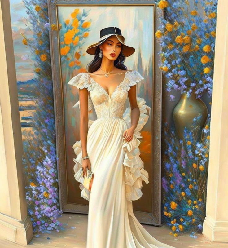 Elegant woman in white dress and hat by ornate door with flowers