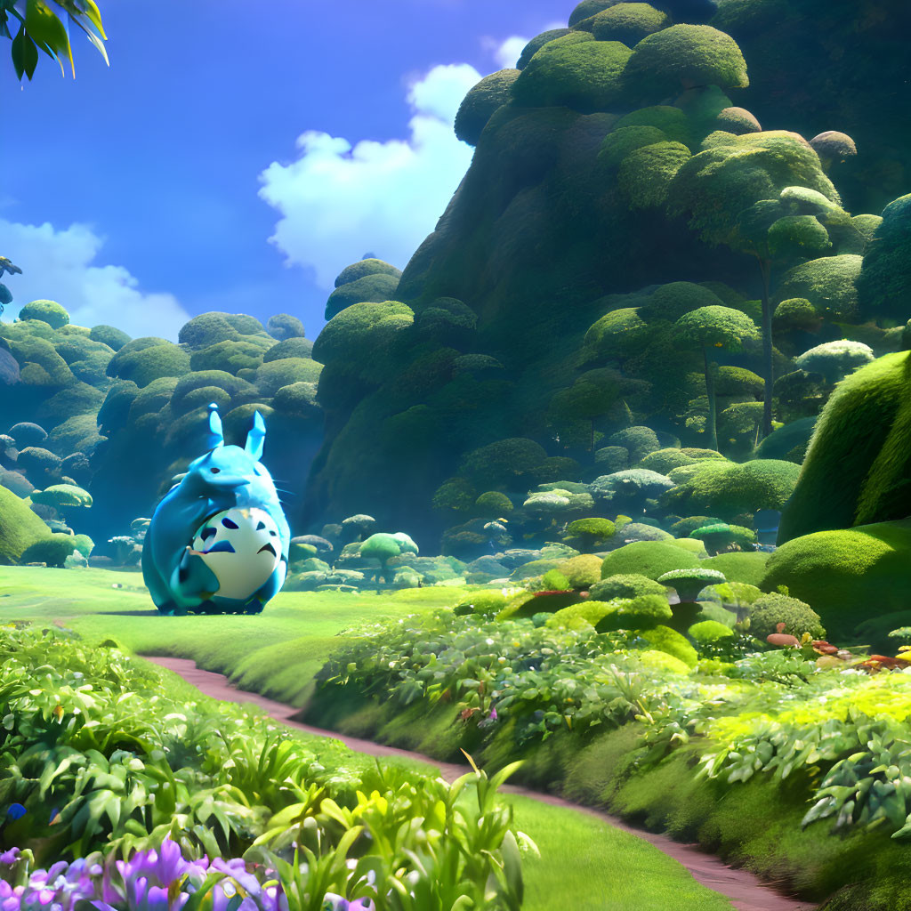Blue animated creature with white spots in lush, fantastical forest