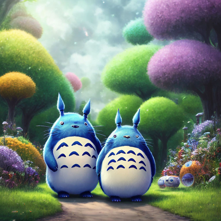 Blue creatures resembling Totoro in vibrant garden scenery