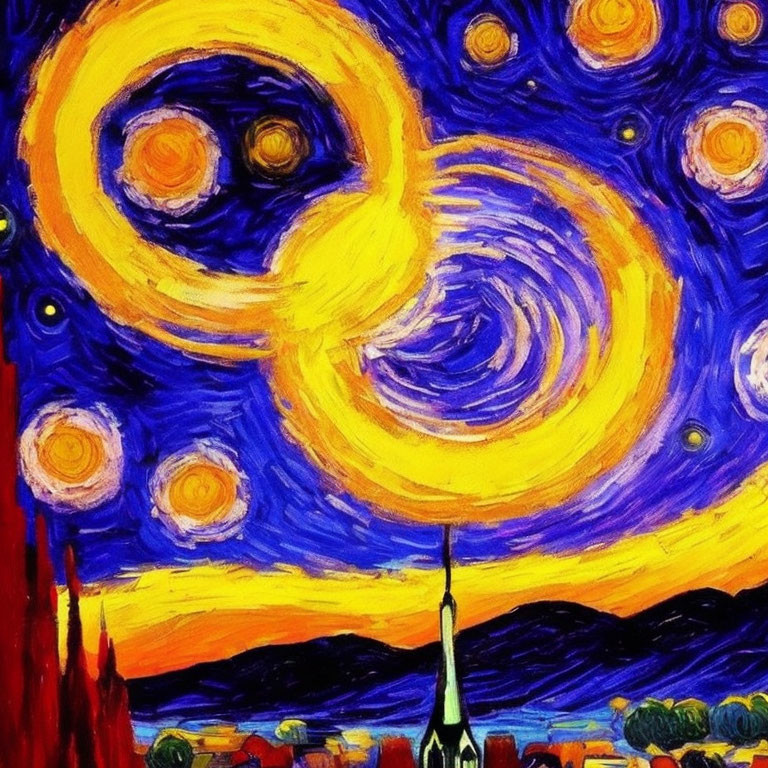 Colorful painting of swirling blue and yellow sky with stars, moon, and town silhouette