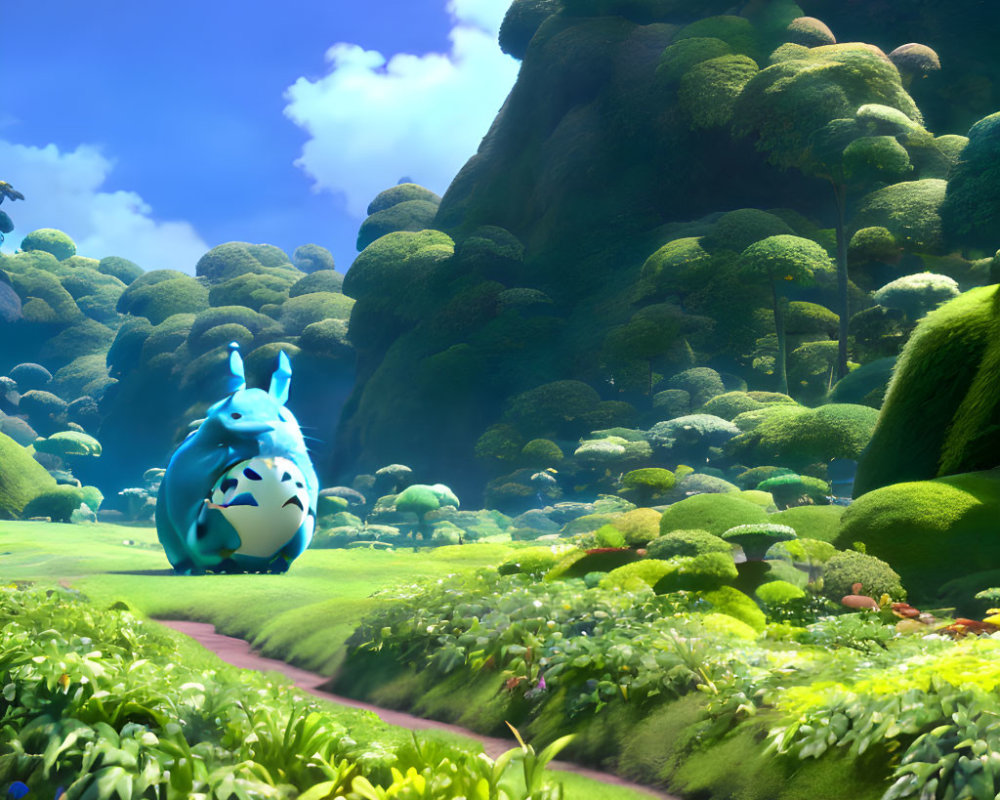 Blue animated creature with white spots in lush, fantastical forest