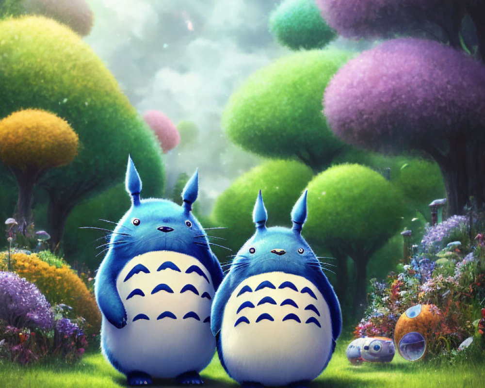 Blue creatures resembling Totoro in vibrant garden scenery