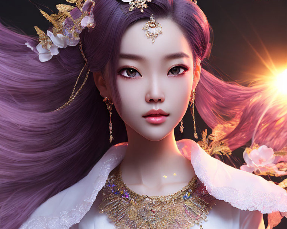 Digital artwork: Woman with purple hair and gold floral accessories in ethereal glow against sunset.