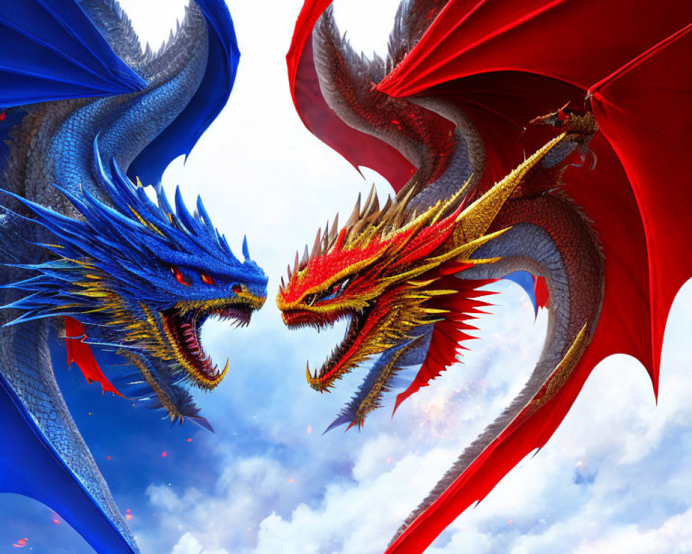 Mythical blue and red dragons in mid-air against cloudy sky
