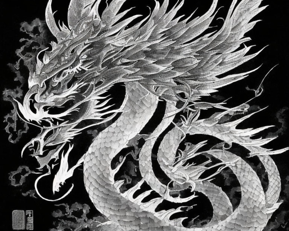Detailed Monochromatic Ink Drawing of Serpentine Dragon in Traditional Asian Style