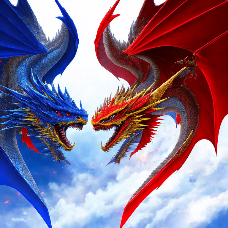 Mythical blue and red dragons in mid-air against cloudy sky