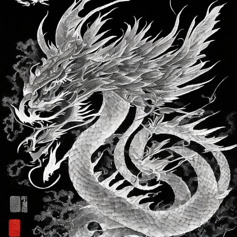 Detailed Monochromatic Ink Drawing of Serpentine Dragon in Traditional Asian Style