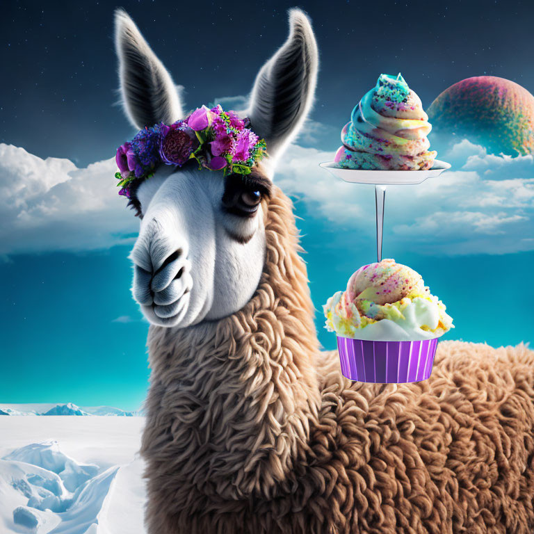 Whimsical llama with floral crown balancing ice cream cones in snowy landscape