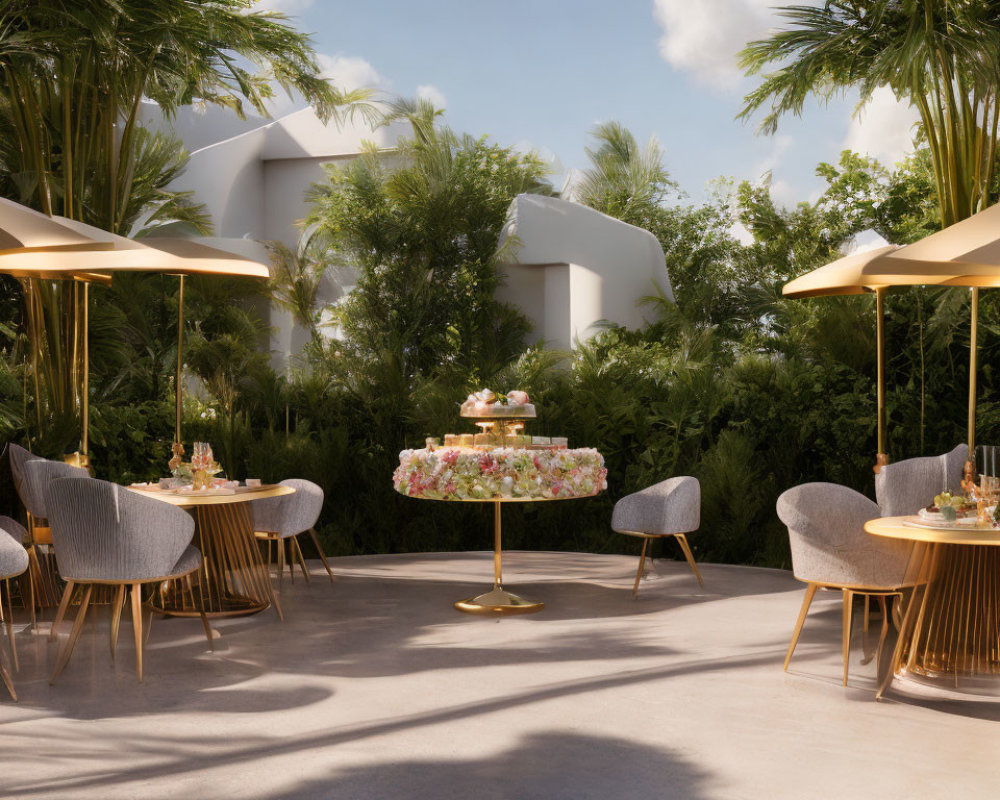Stylish Outdoor Lounge Area with Chairs, Tables, Parasols, Greenery, and Pastries