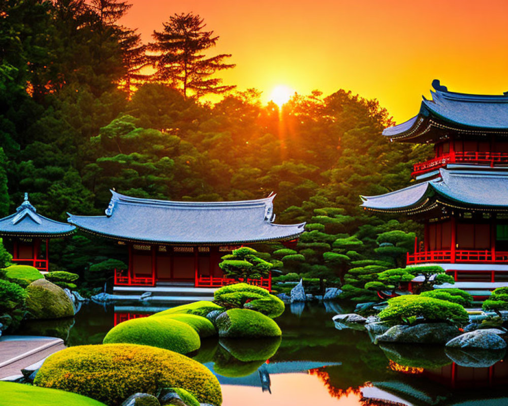 Serene Japanese garden sunset with traditional architecture.