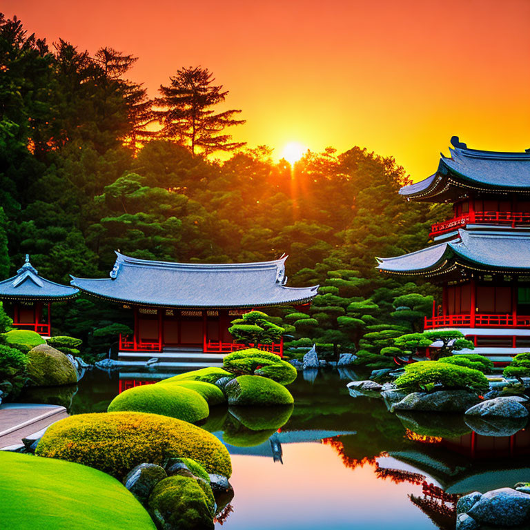 Serene Japanese garden sunset with traditional architecture.
