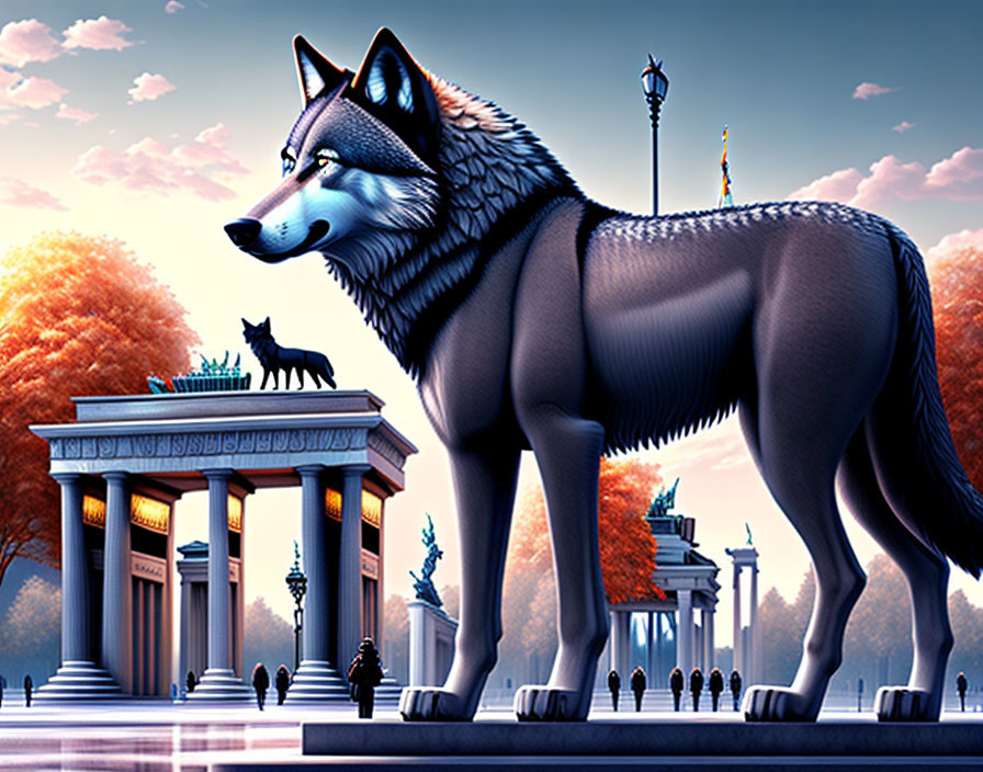 Digital artwork: Oversized wolf and small cat in autumn city park with classical monument.