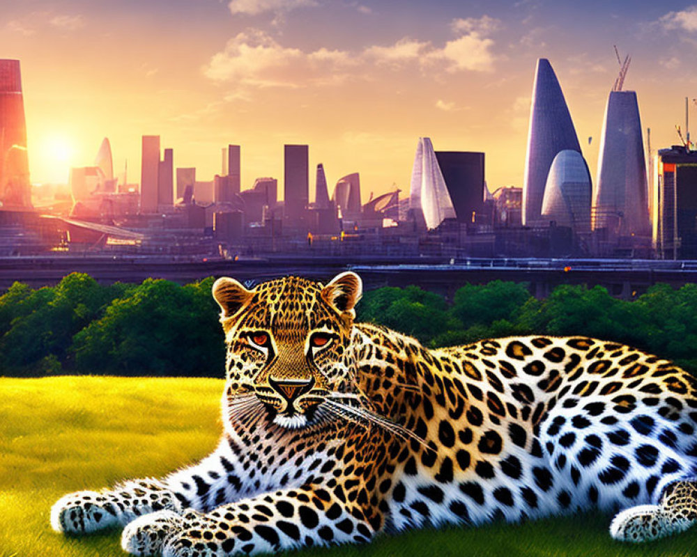 Leopard resting in grassy field at sunrise with city skyline in background