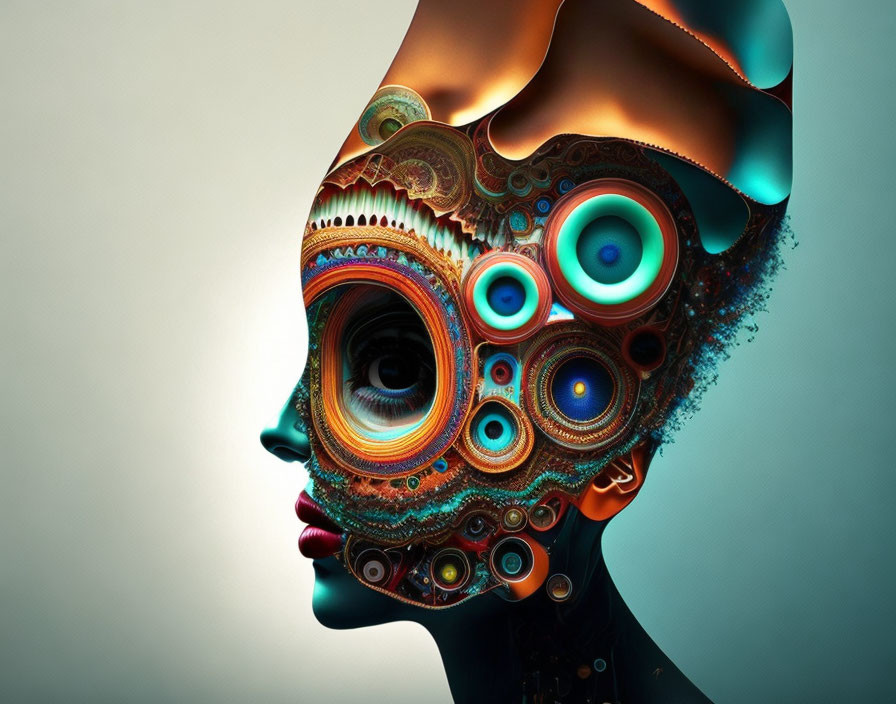 Colorful surreal human silhouette with intricate face patterns