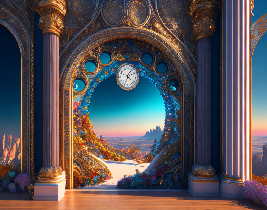 Intricate fantasy archway with clock in magical landscape
