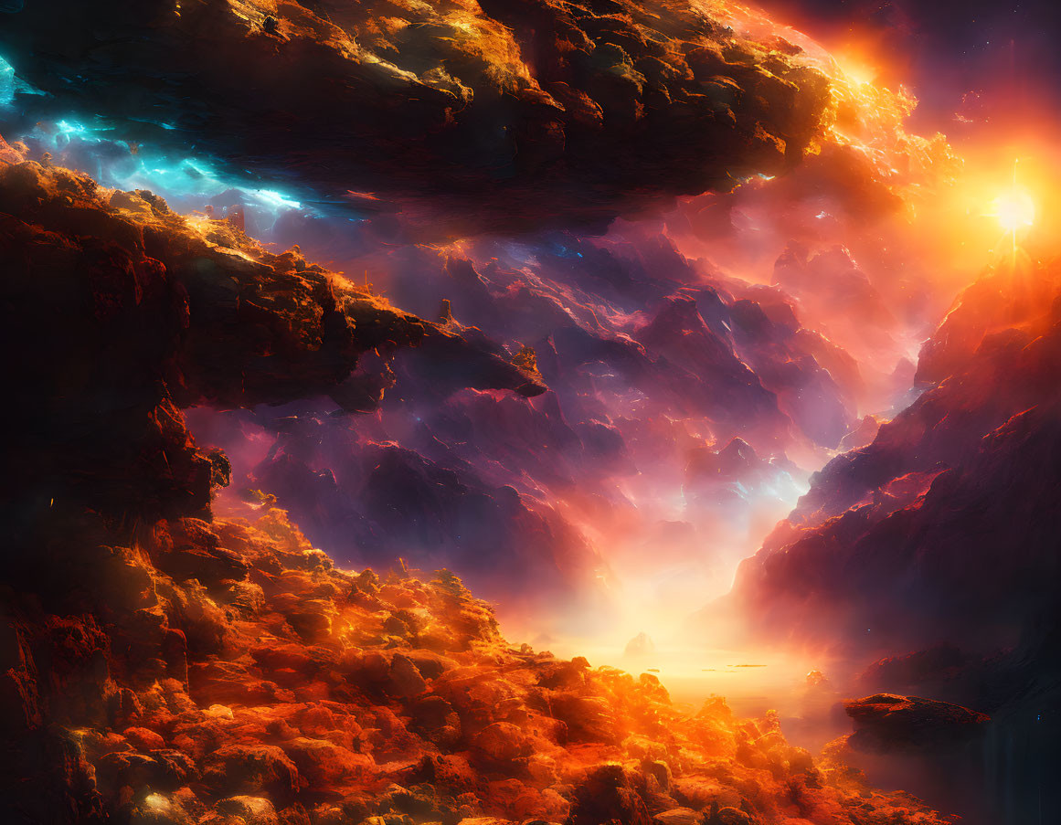 Vibrant digital art: dramatic cliffs, glowing sunset & celestial bodies