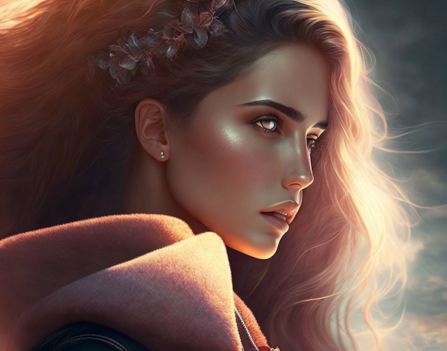 Digital artwork: Woman with glowing skin, flowing hair, and crystal adornments in soft, warm backlight