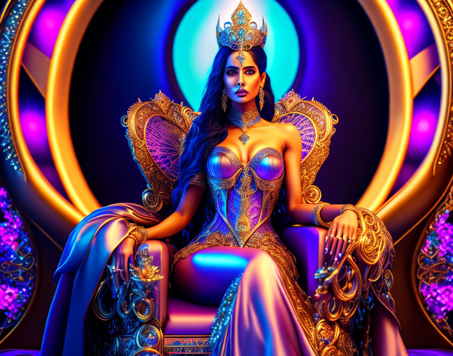Regal woman on throne with golden headpiece and jewelry in purple and blue hues
