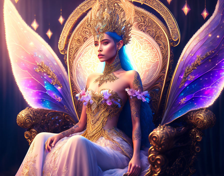 Fantasy illustration of fairy queen with colorful wings and golden attire