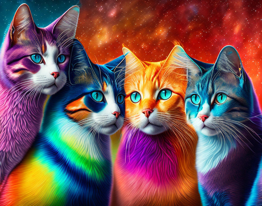 Colorful Cats in Cosmic Starry Digital Art