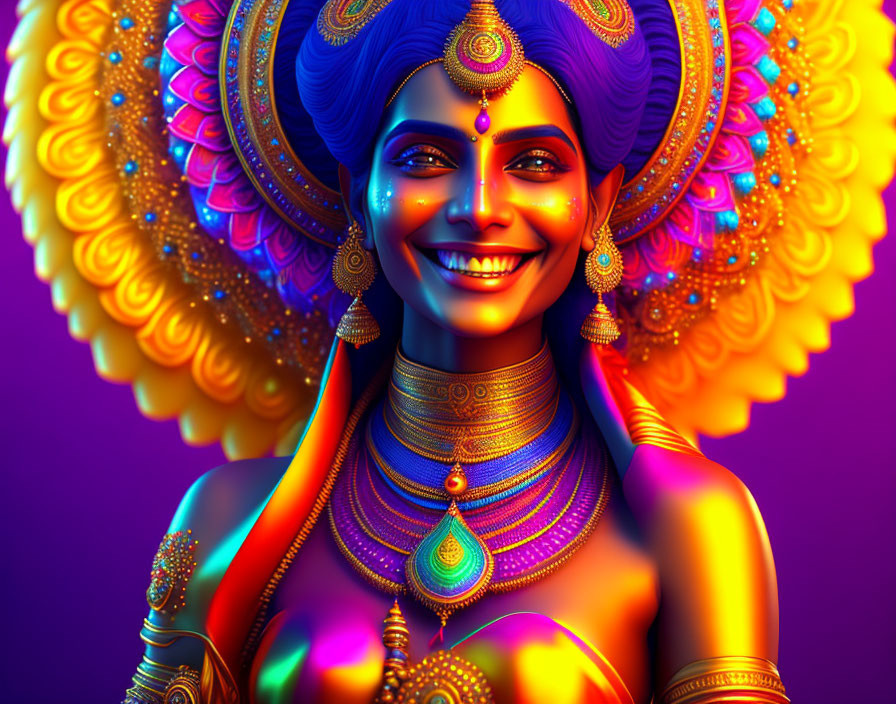Colorful portrait of a smiling woman with blue skin and elaborate gold jewelry