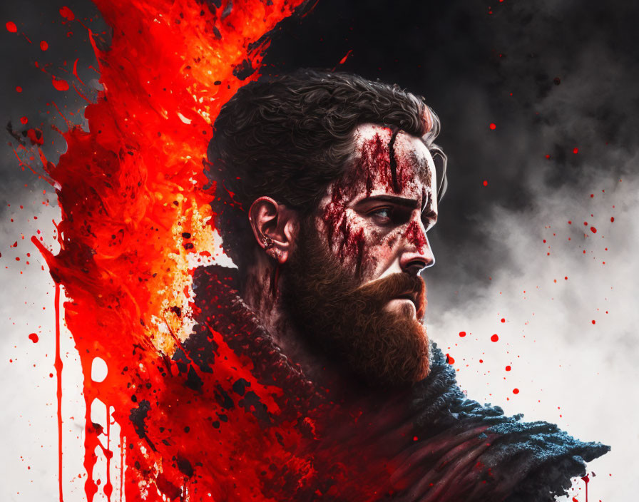 Stylized portrait of bearded man with red paint splatter on dark background