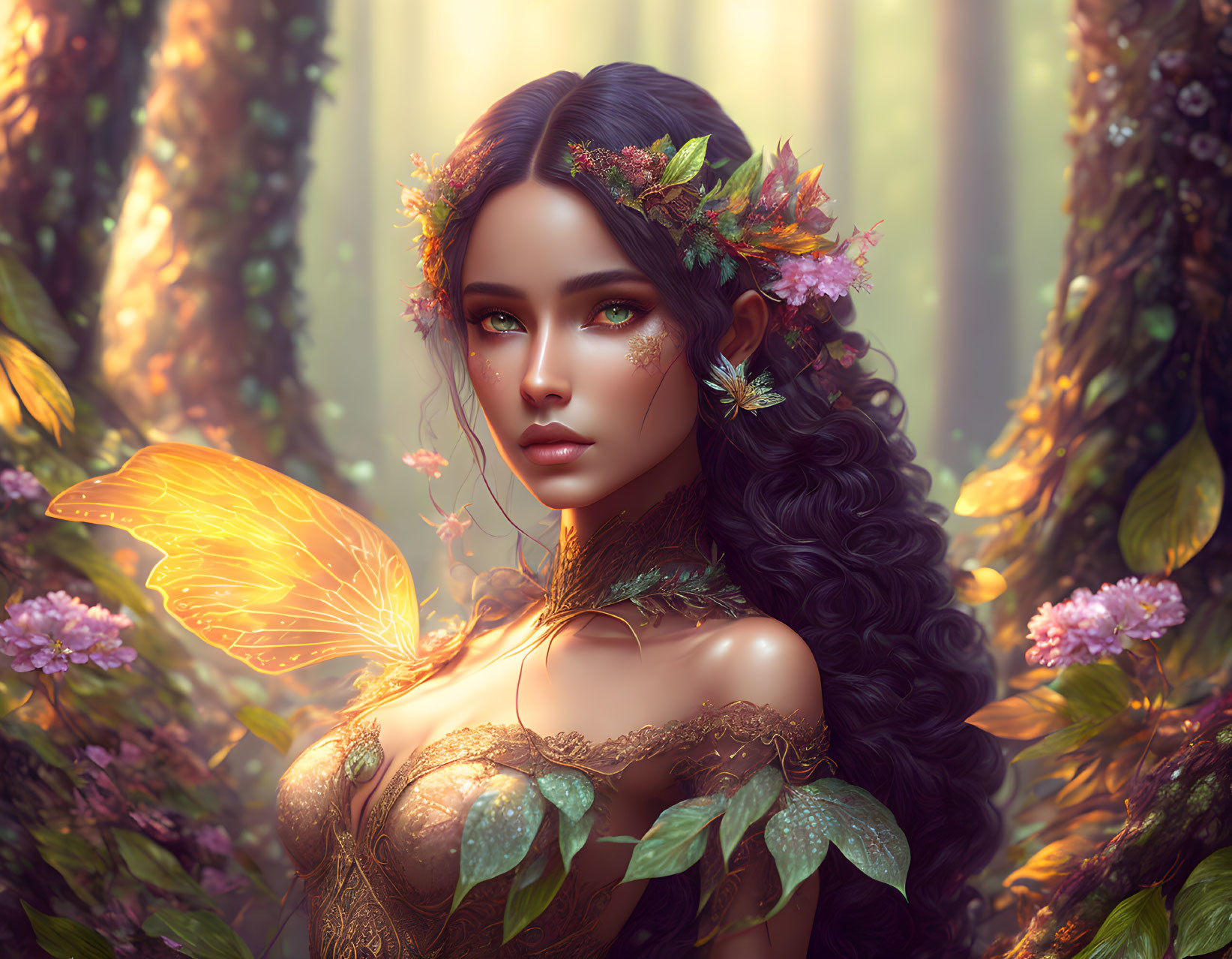Digital art: Woman with butterfly wings in forest wearing floral crown.