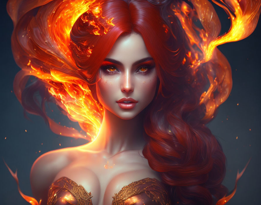 Vivid depiction of a woman with fiery red hair and mesmerizing gaze