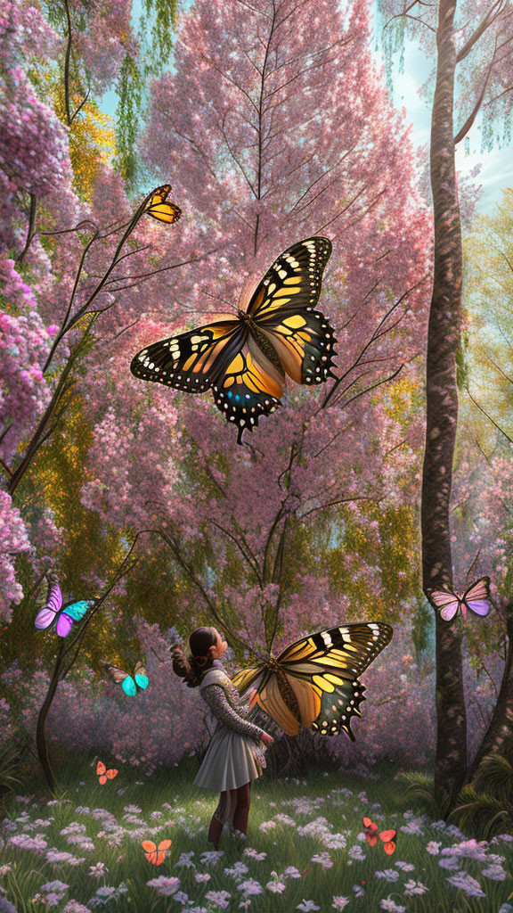 Girl in Garden with Colorful Butterflies and Flowering Trees