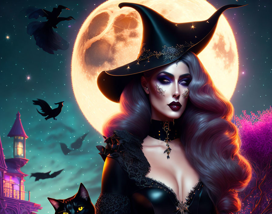 Stylized witch with glamorous makeup and large hat, black cat, full moon, bats, spooky