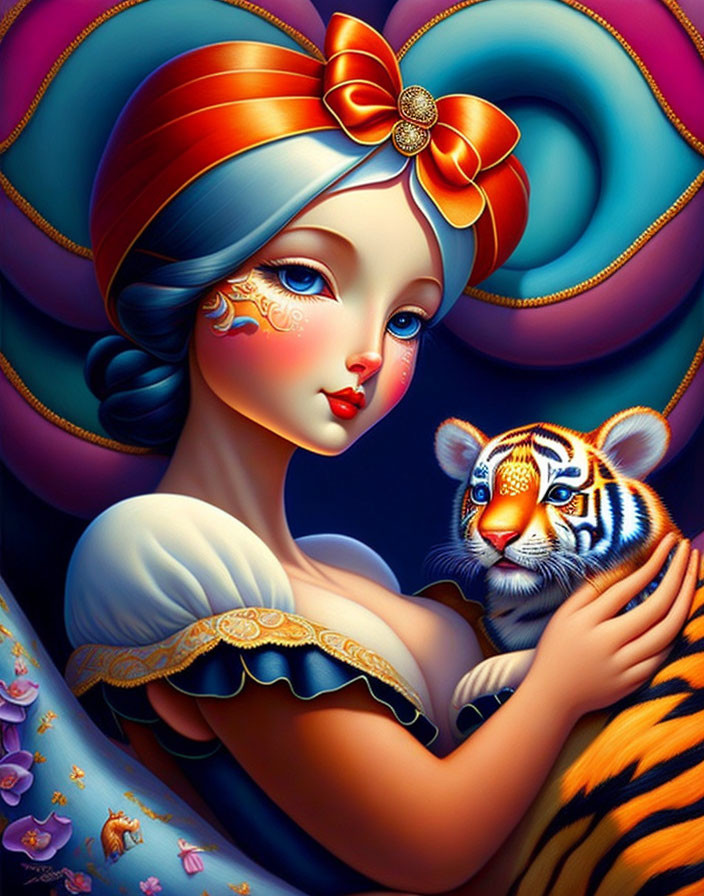 Colorful Tiger Cub Held by Woman in Turban Illustration