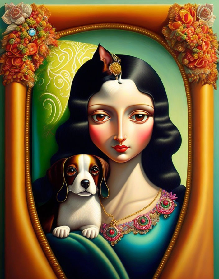 Stylized portrait of woman with expressive eyes and small dog in ornate floral frame