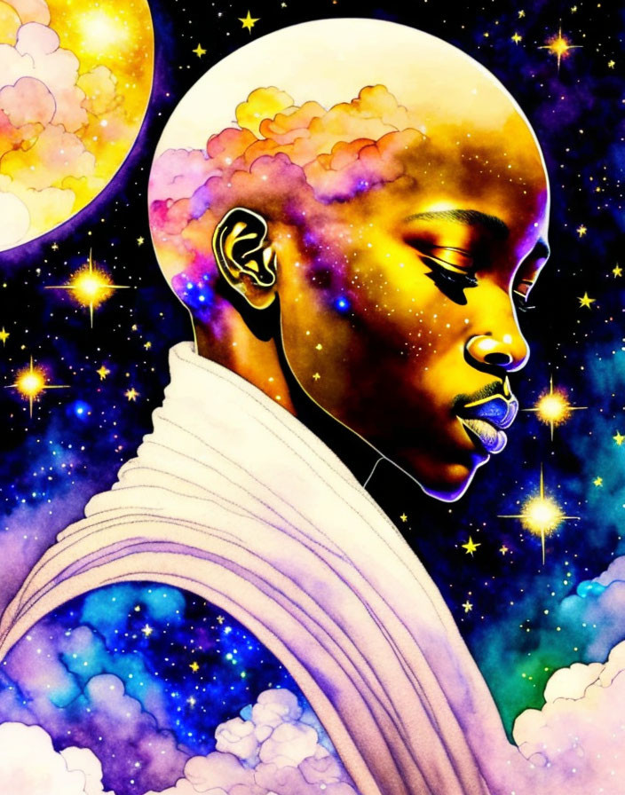 Vibrant profile illustration with cosmic elements integrated.
