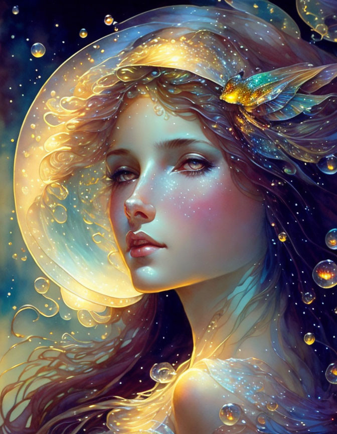 Whimsical woman portrait with glowing halo, bubbles, stylized hair, and butterfly.